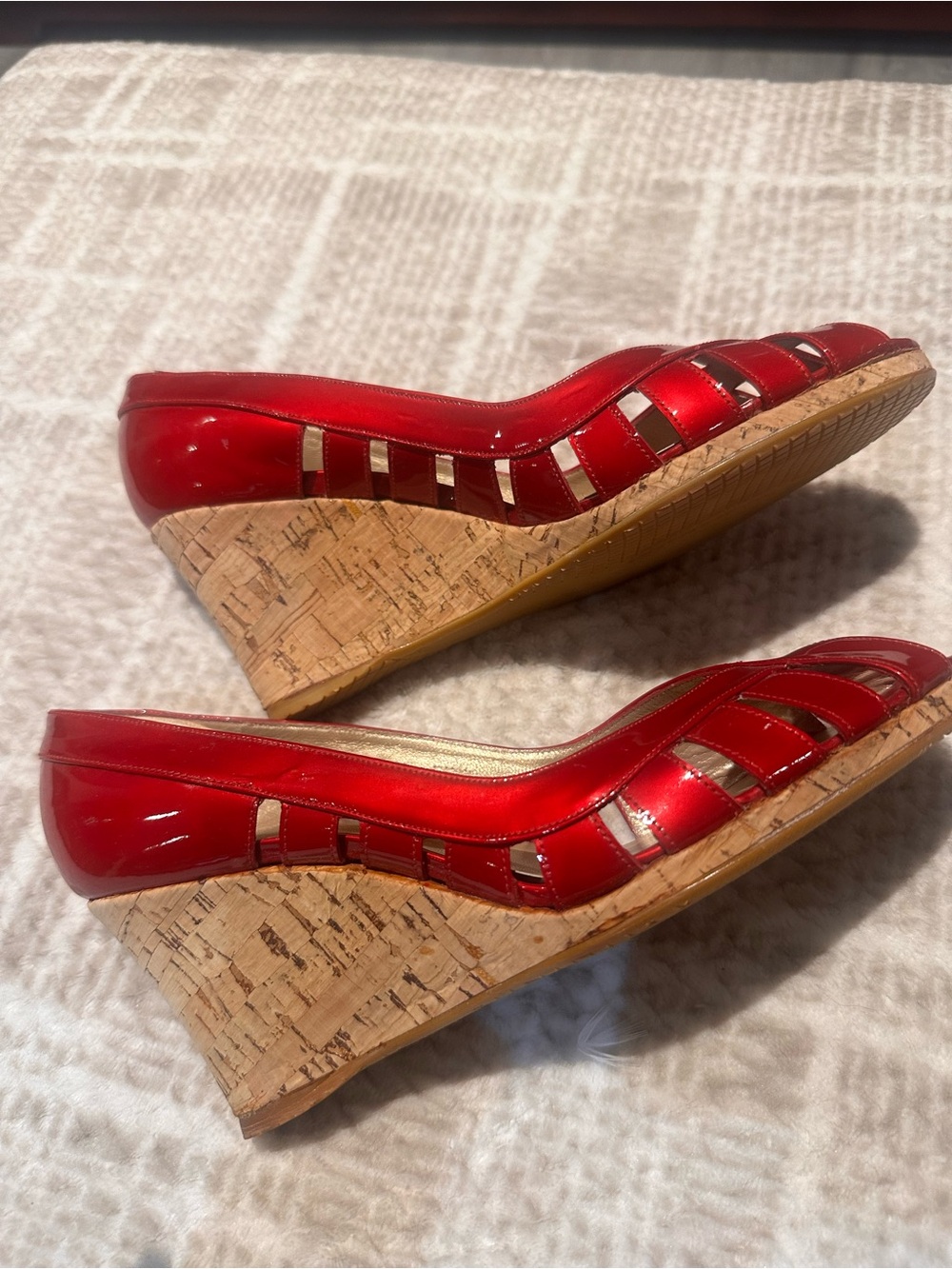 Stuart Whitman Red Patent Cork Wedge Sandals - Women's Stylish Peep Toe